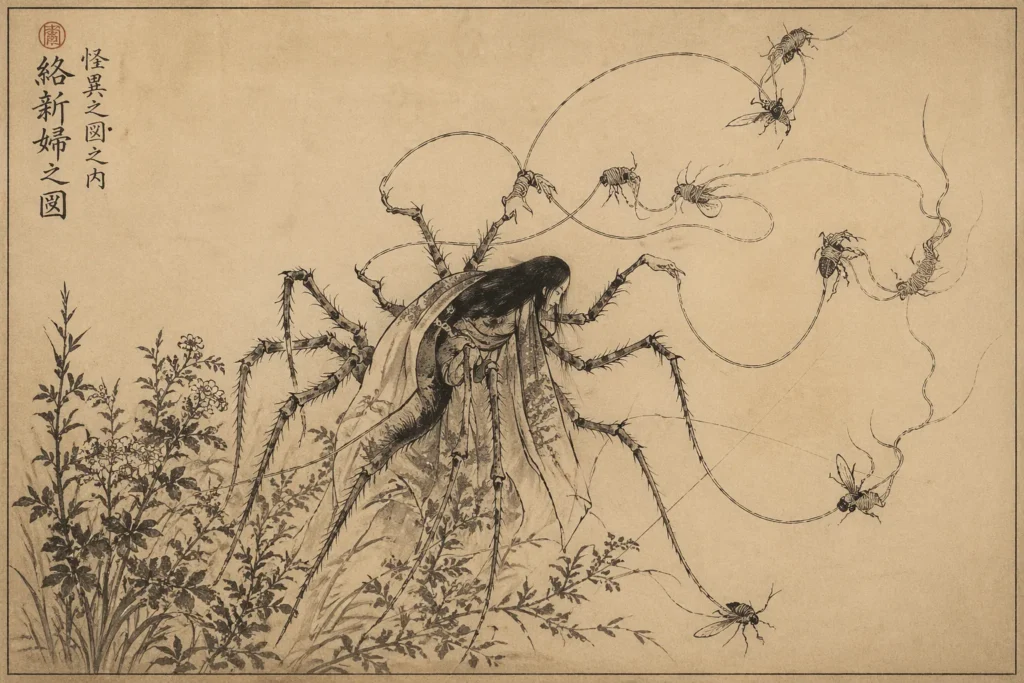 Detailed ink drawing of a Jorogumo surrounded by her smaller supernatural spider heralds.