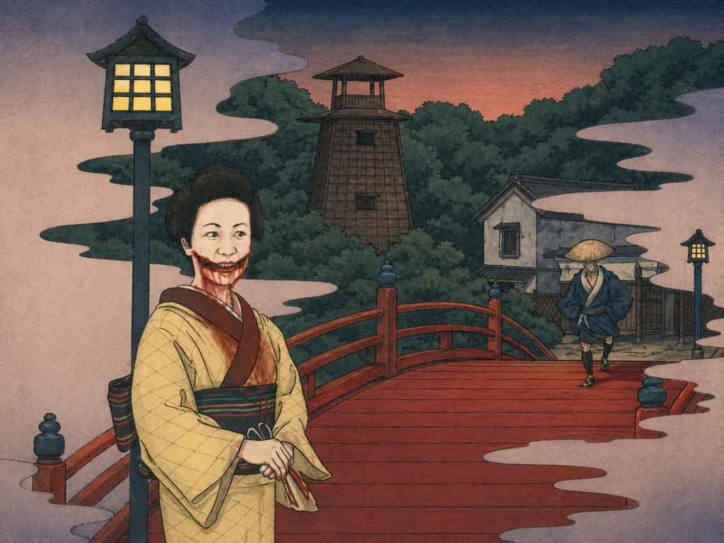 Historical depiction of Kuchisake-onna approaching a traveler on a red bridge during the twilight hour.