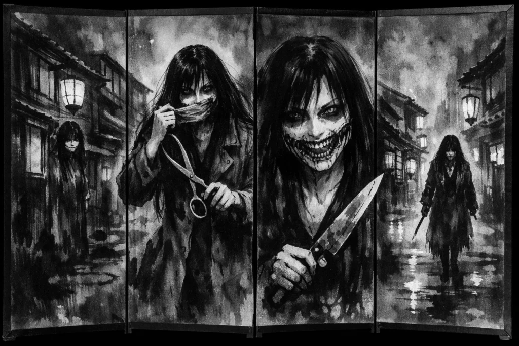 multi-panel folding screen depicting Kuchisake-onna