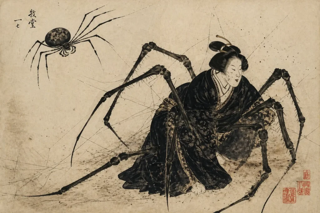 Ancient Japanese woodblock style illustration of a Jorogumo spider woman with eight sharp legs.