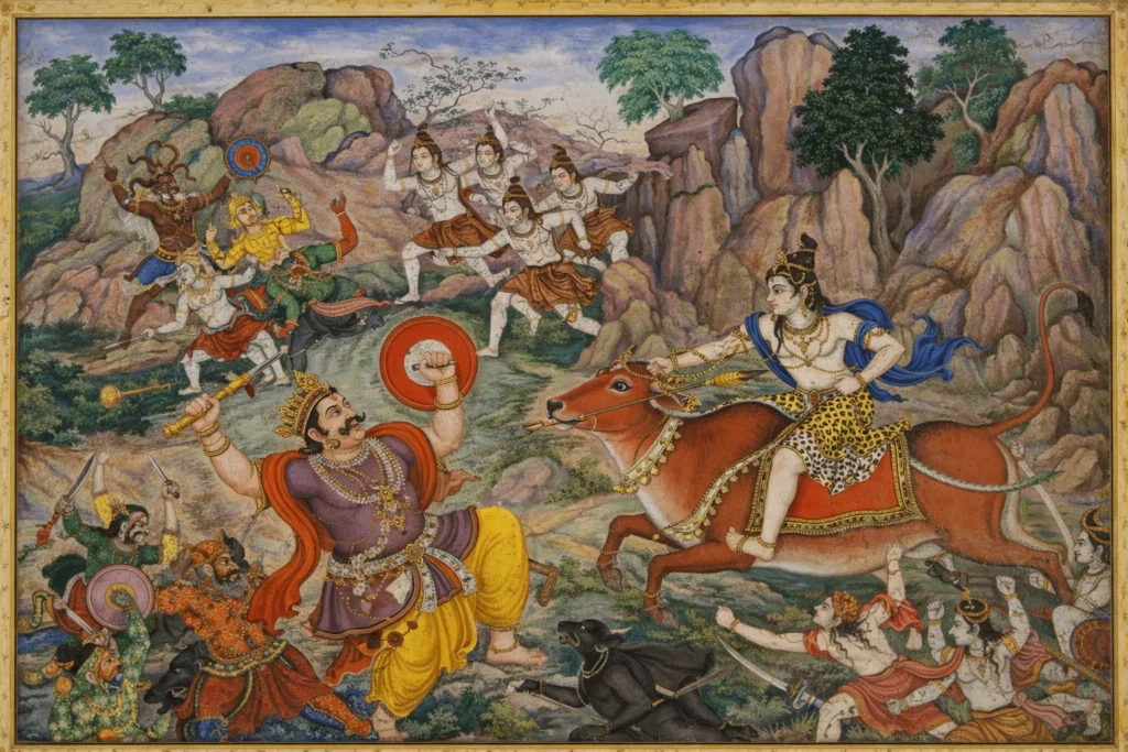 Colorful traditional Indian painting of a battle between gods and demons in the mountains