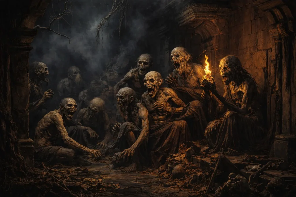 Group of emaciated Pishacha spirits huddling in a dark stone ruin.