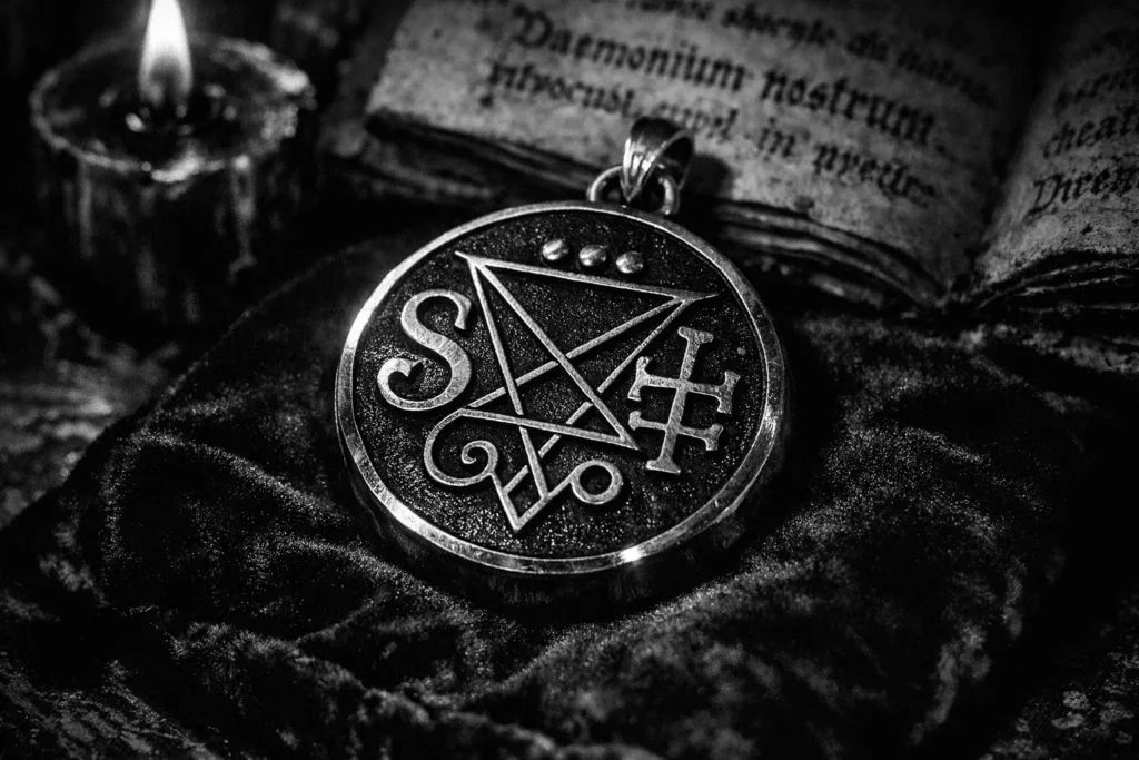 sigil of Asmodeus engraved onto a circular gold pendant resting on black velvet