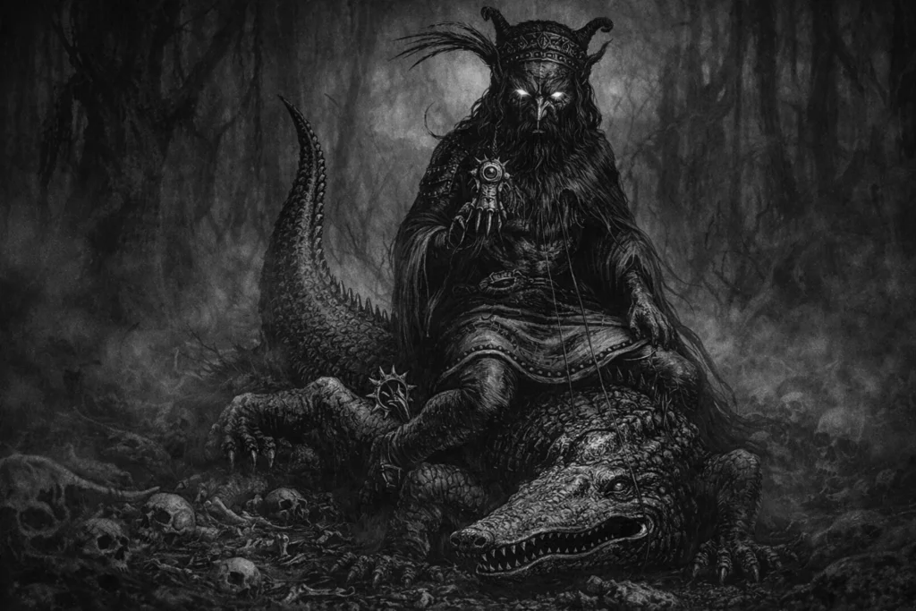 the demon Barbatos ridding a crocodile