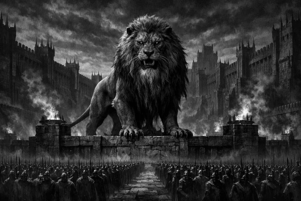 Barbas in lion form on an elevated stone platform overlooking rows of armored shadowy figures representing his 36 legions
