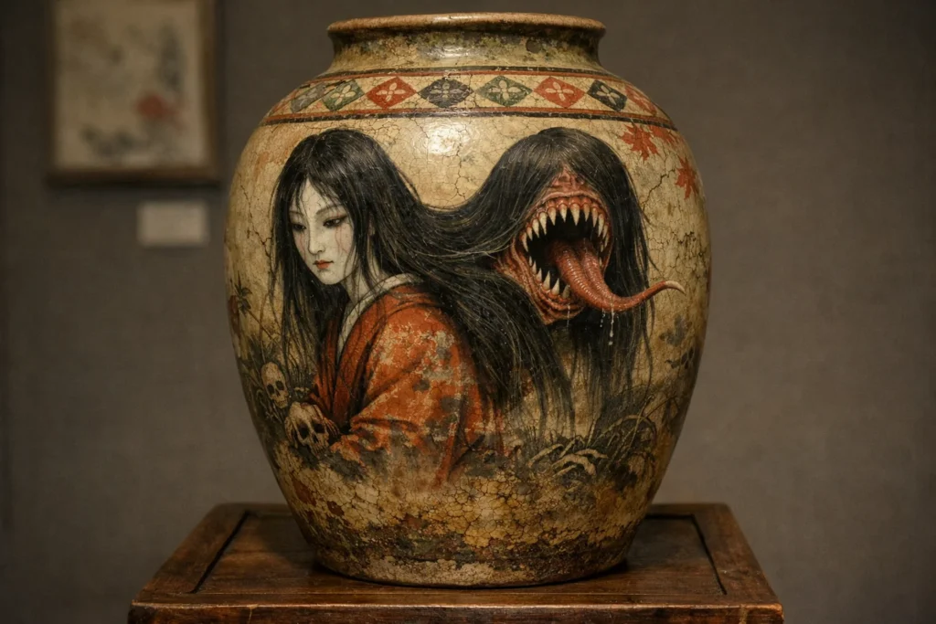 ancient Japanese ceramic vase decorated with painted imagery of a Futakuchi-onna