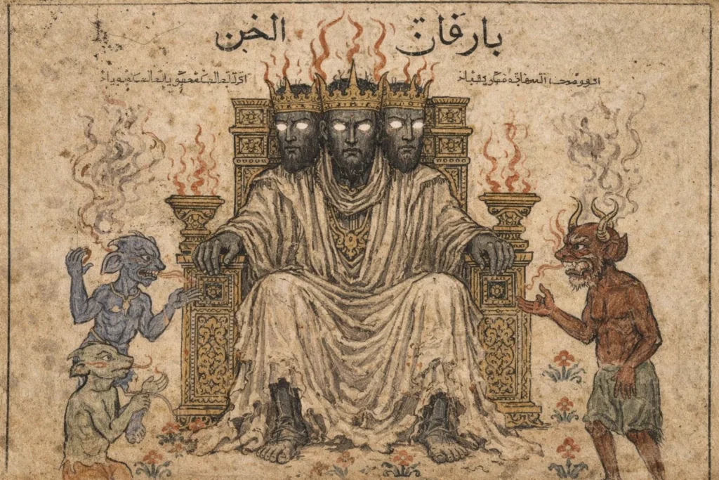 Medieval Arabic manuscript illustration of the King Barqan with glowing eyes and auxiliary elemental demons.