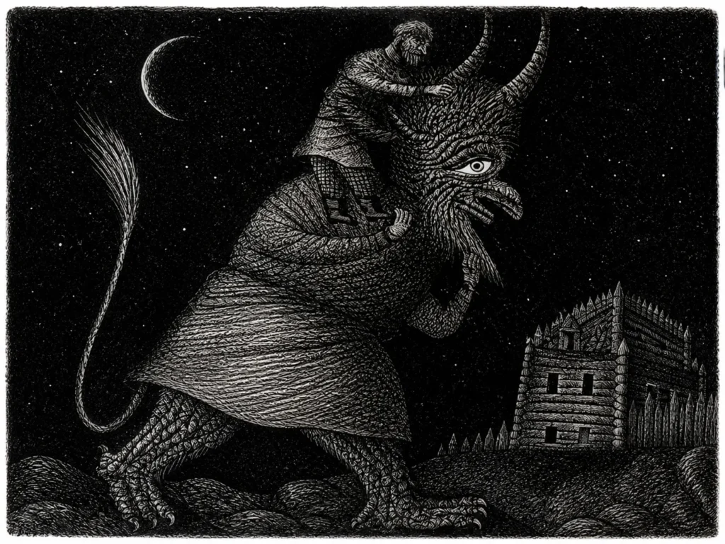 Detailed monochrome stippling of a Chort demon with a single eye carrying a rider near a log cabin.