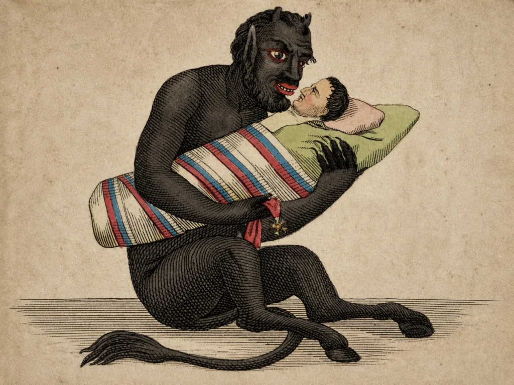 Color woodcut of a black Chort demon holding a swaddled baby and a military medal.