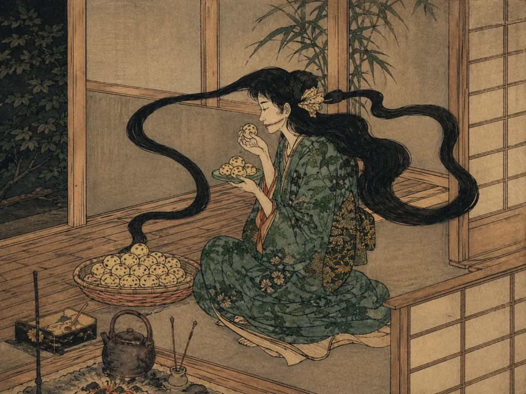 Artistic rendering of a Futakuchi-onna secretly feeding her second mouth with rice cakes using her prehensile hair.