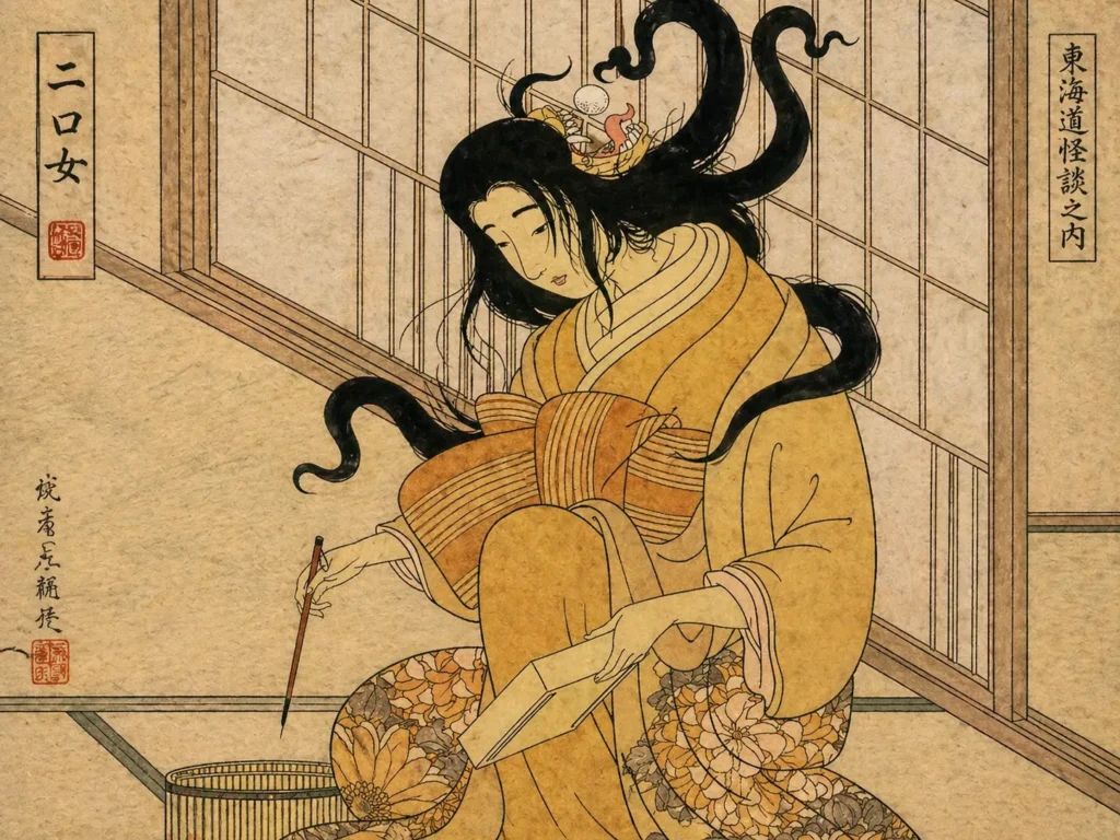 A traditional Japanese woodblock print of a Futakuchi-onna holding a calligraphy brush while her prehensile hair coils above a hidden second mouth.