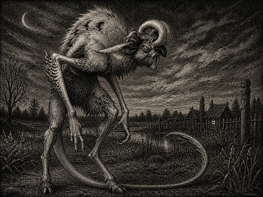 High-detail etching of a Chort demon in a Slavic swamp landscape near a village hut.
