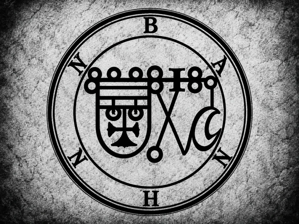 The circular occult sigil of the demon Bathin featuring intricate line work and the name spelled around the border.