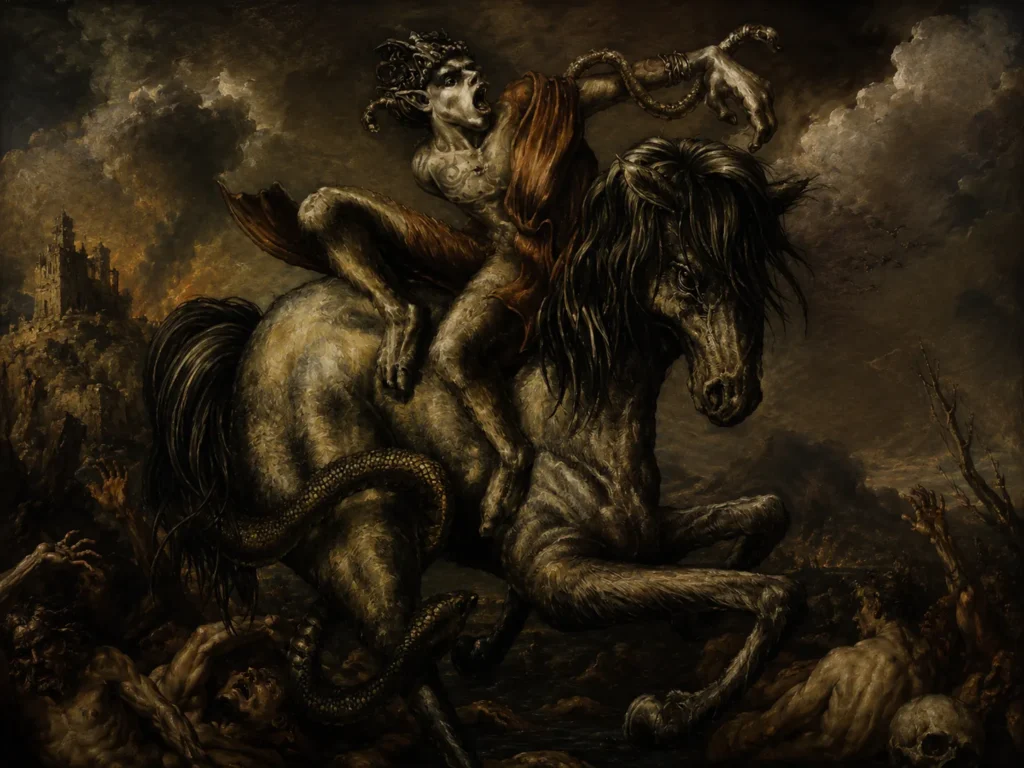 A dark, gritty oil painting of the demon Bathin with a serpent tail riding a pale horse through a battlefield of skulls.